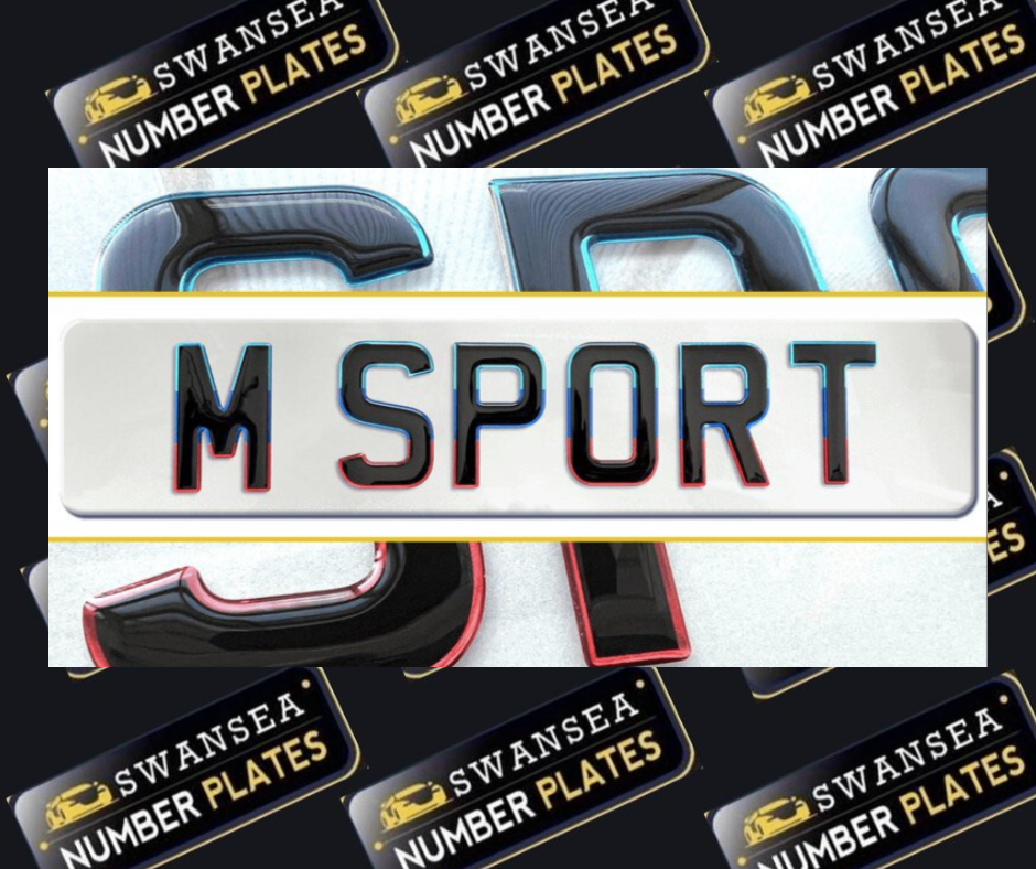 "3D Gel Number Plates - M Sport Outline | Premium Custom Car Plates, featuring a stylish raised gel design with M Sport outline, offering a sleek and premium look for your vehicle's license plates."