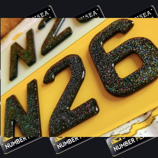 Stylish 3D gel glitter license plate with sparkling letters and numbers.
