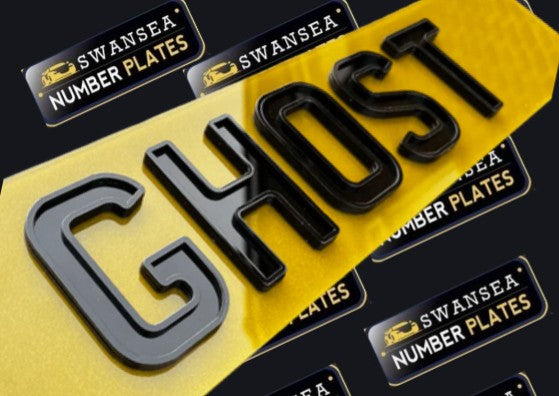 4D Ghost laser cut number plates, road legal and DVLA/MOT compliant, featuring a luxurious 4D effect, precisely cut letters and digits, individually glued, available in various sizes, and jet wash friendly. Perfect for enhancing vehicle appearance. Tinted plates for show use only.
